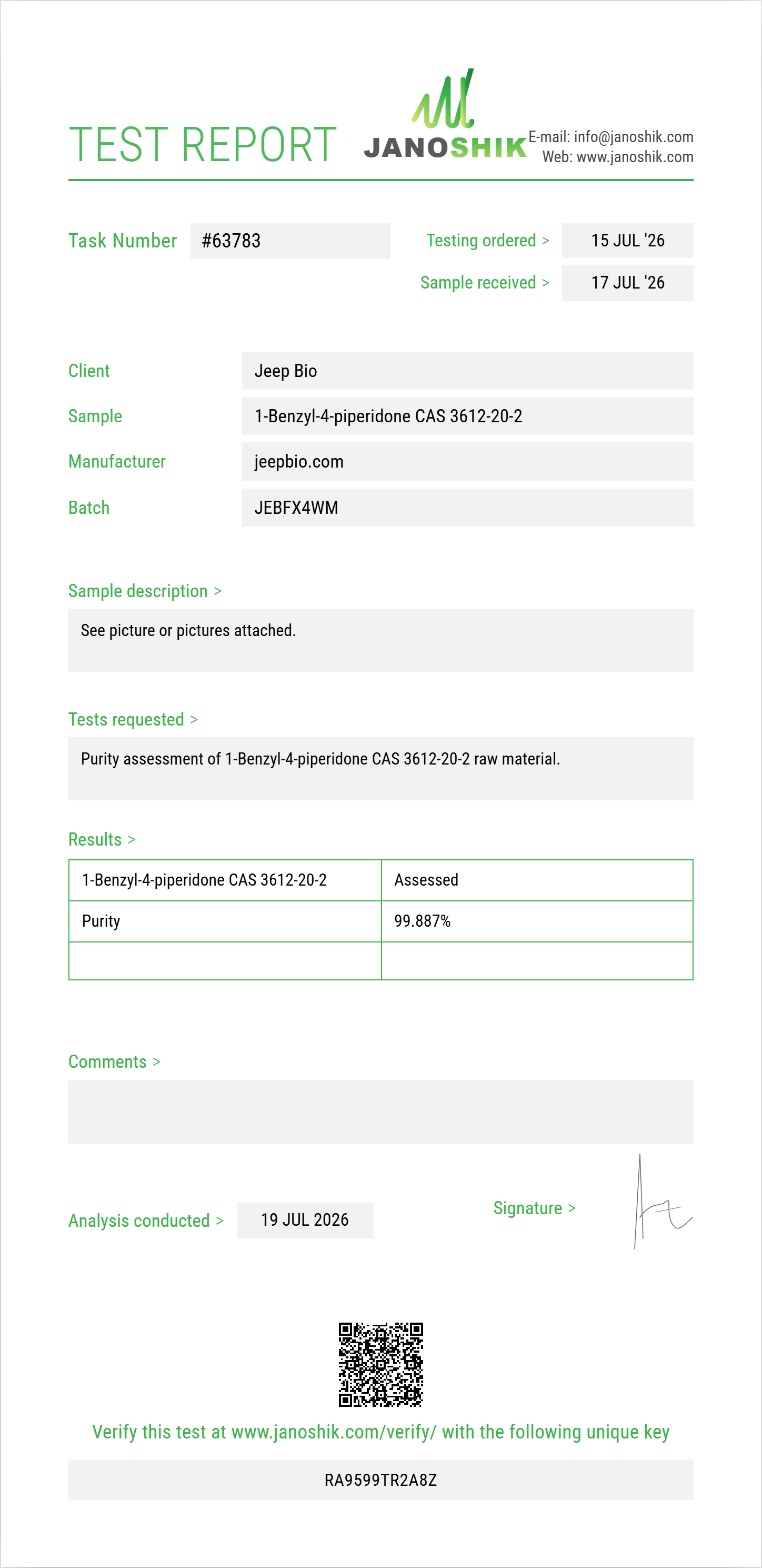 1-Benzyl-4-piperidone CAS 3612-20-2 Purity (HPLC) report by Janoshik Analytical