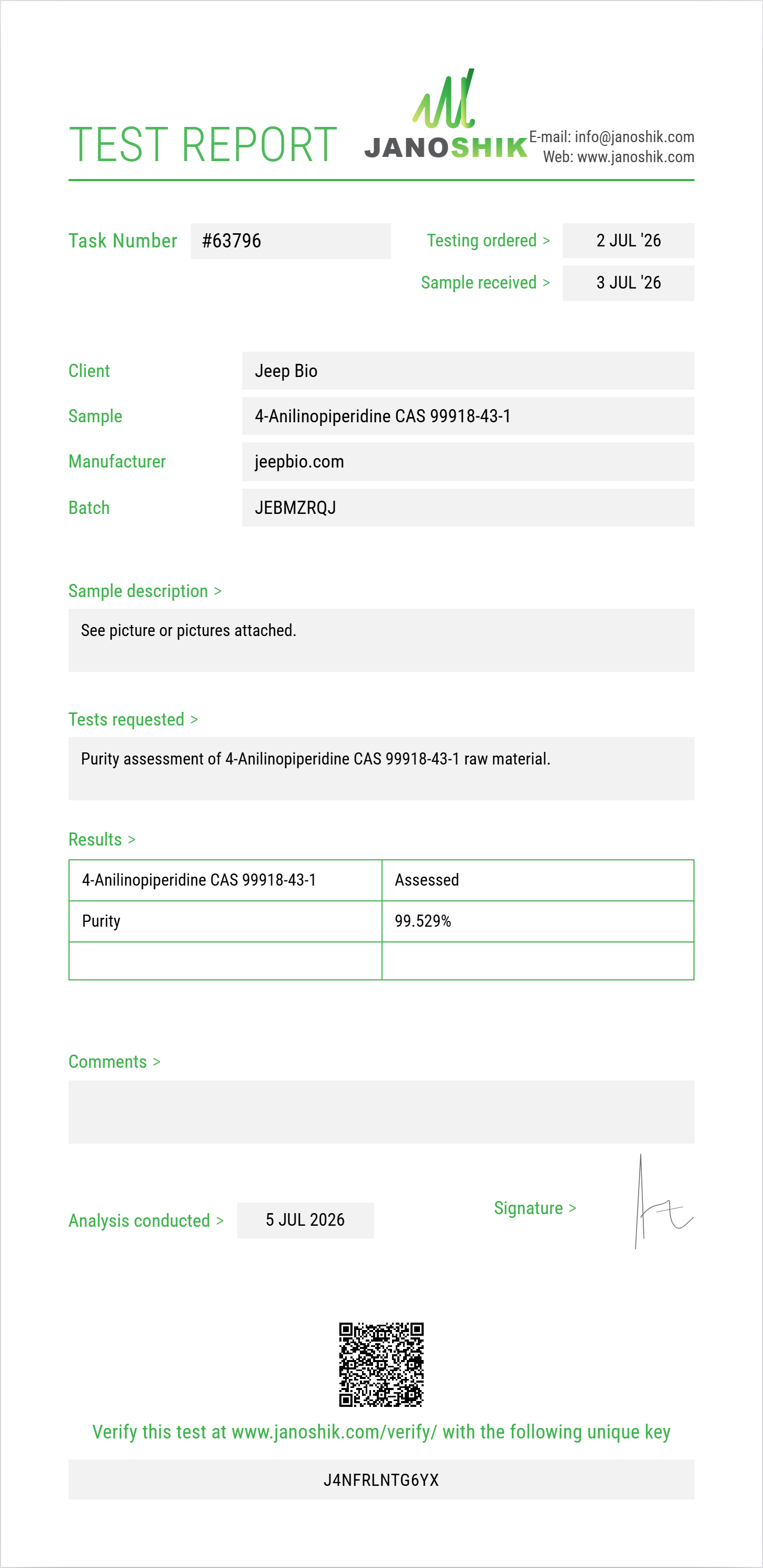 4-Anilinopiperidine CAS 99918-43-1 Purity (HPLC) report by Janoshik Analytical
