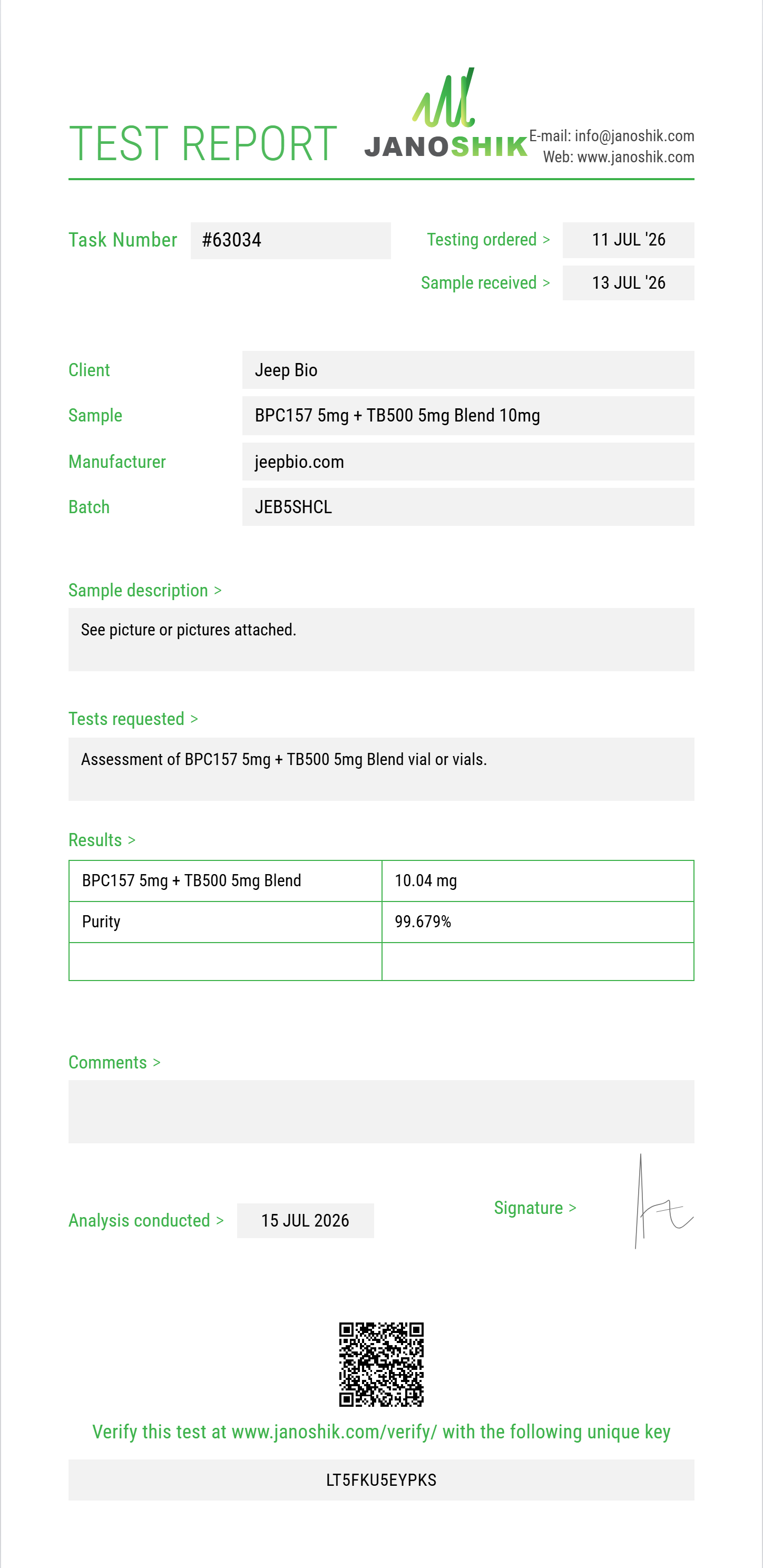 BPC157 5mg + TB500 5mg Blend Purity (HPLC) report by Janoshik Analytical