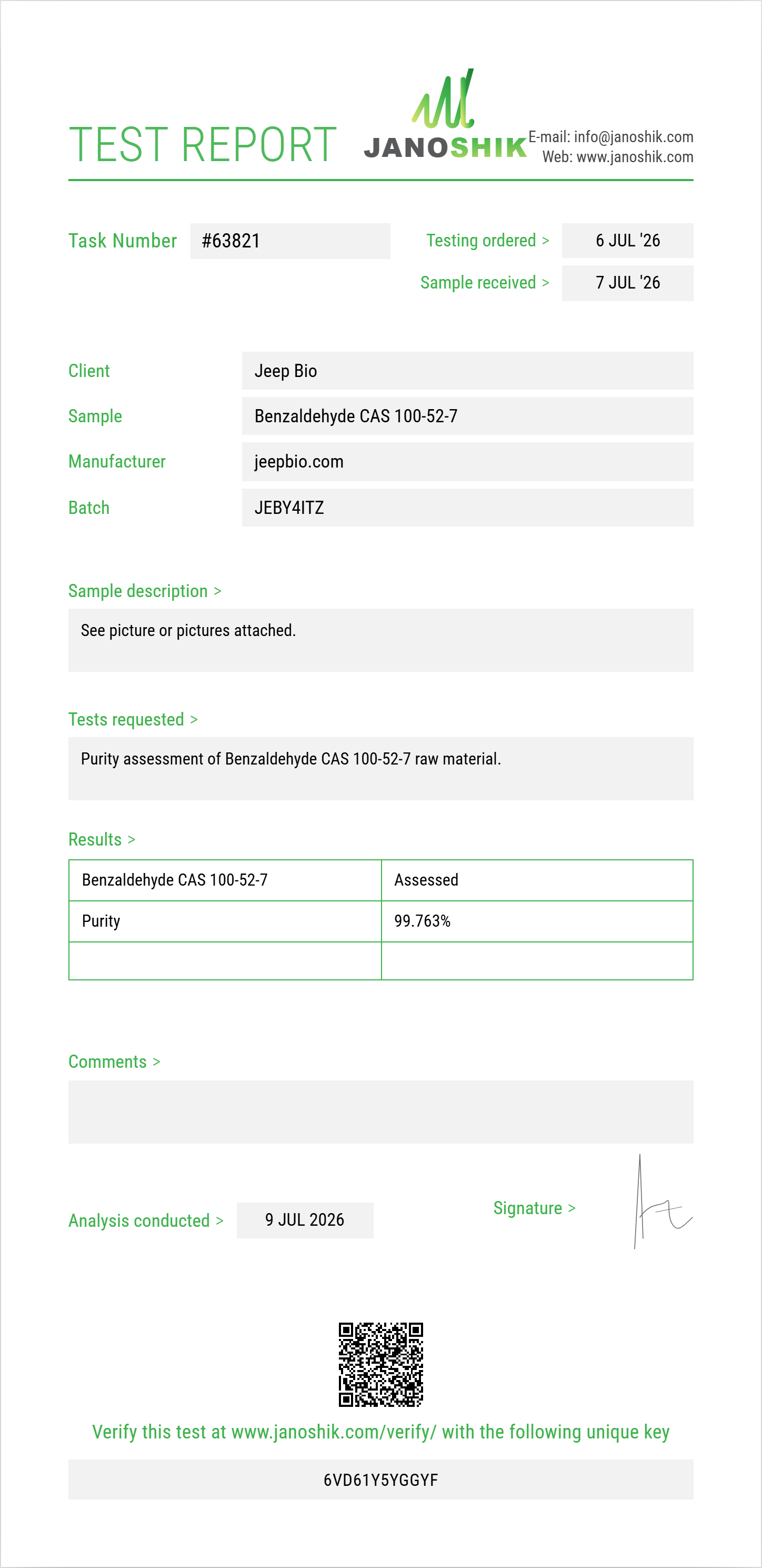Benzaldehyde CAS 100-52-7 Purity (HPLC) report by Janoshik Analytical