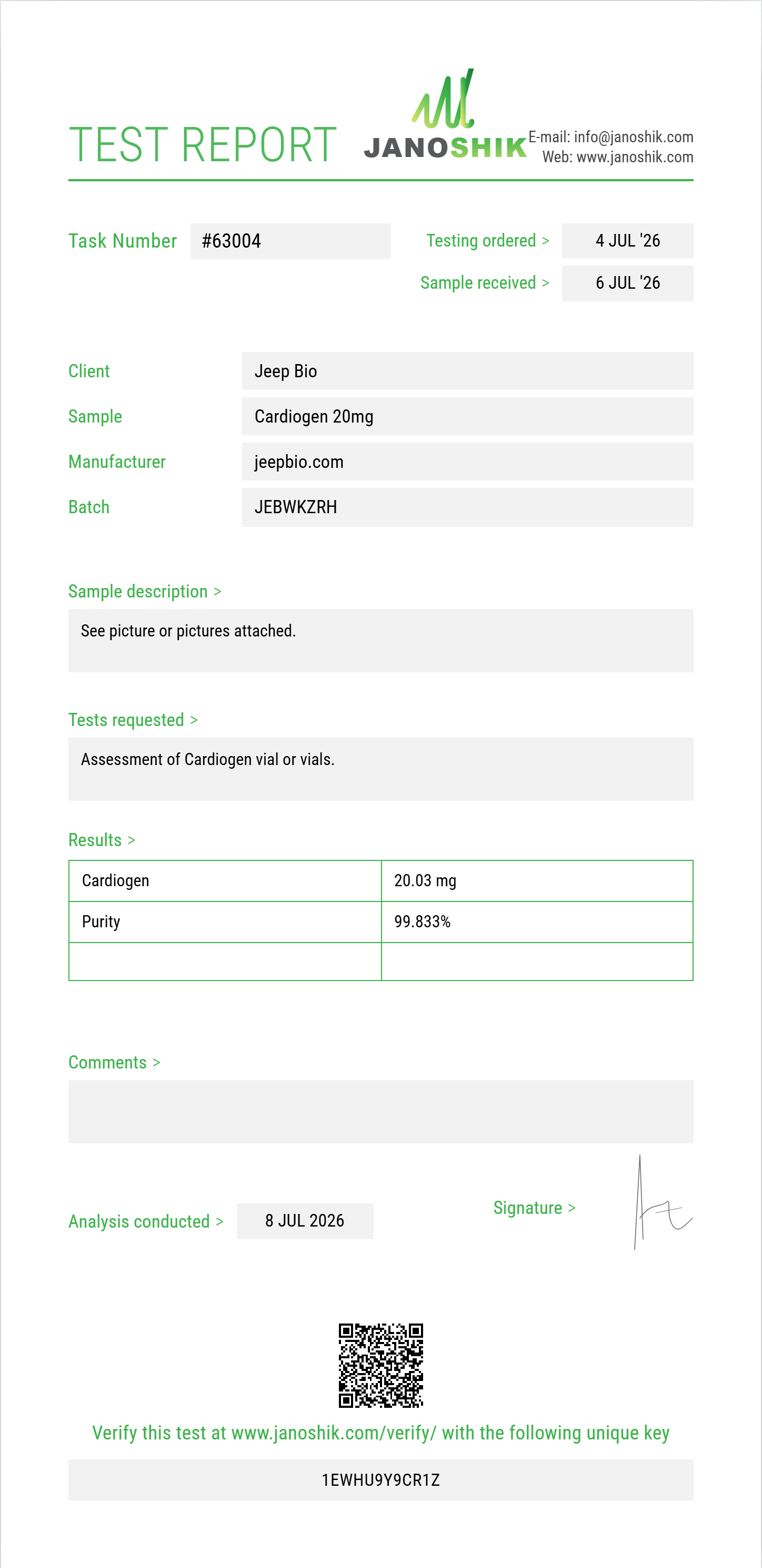 Cardiogen Purity (HPLC) report by Janoshik Analytical