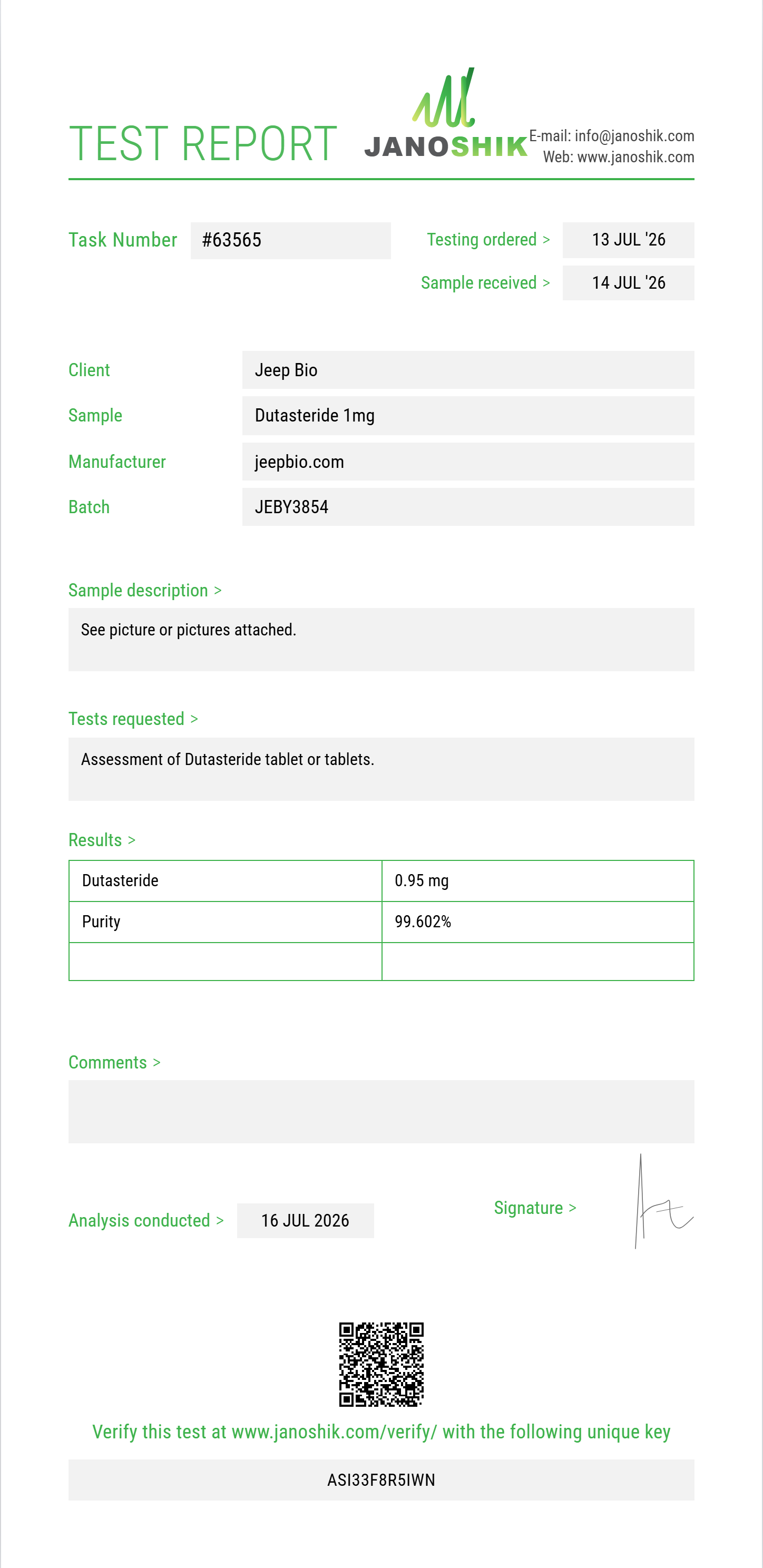 Dutasteride Purity (HPLC) report by Janoshik Analytical