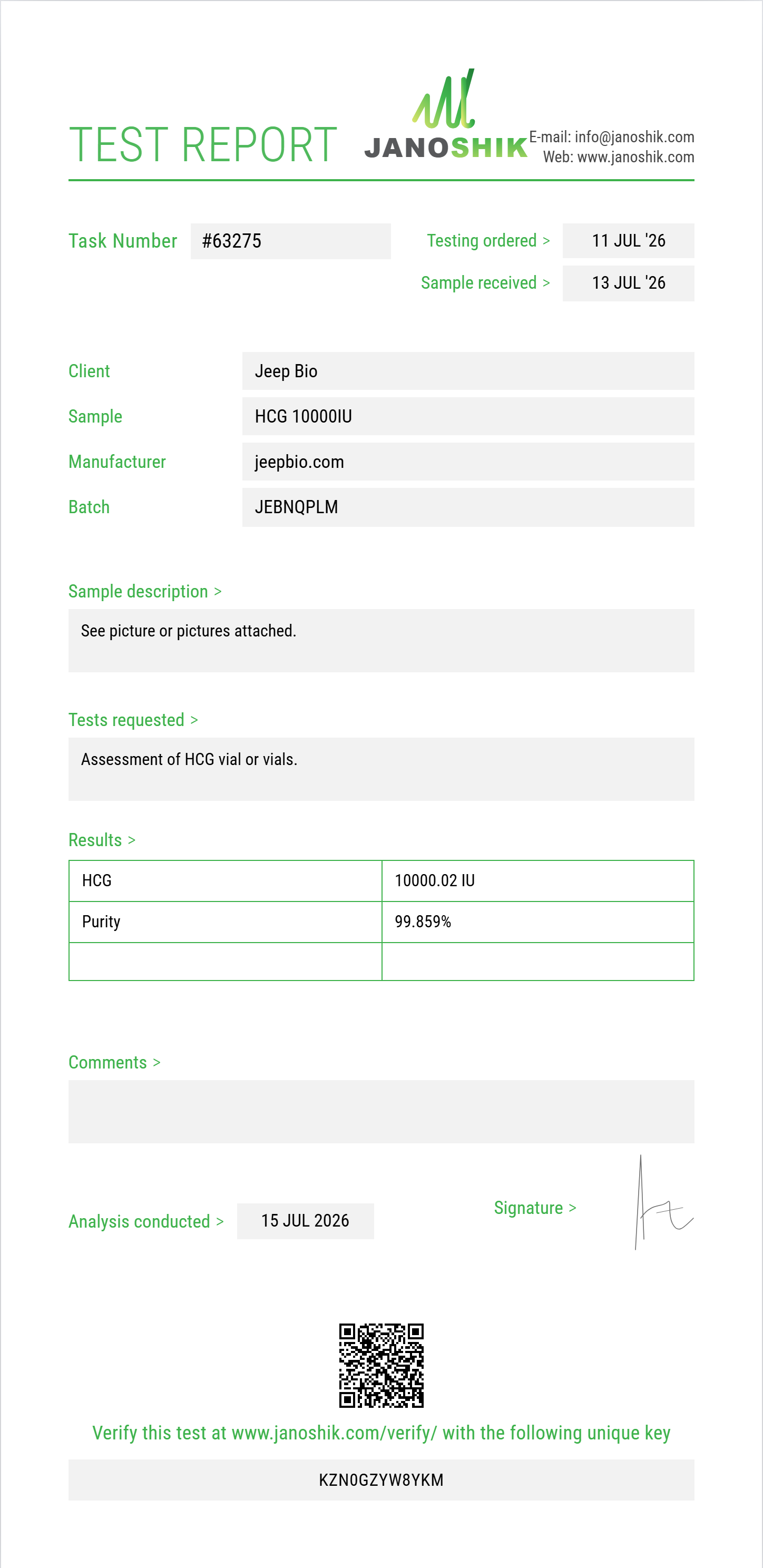 HCG Purity (HPLC) report by Janoshik Analytical