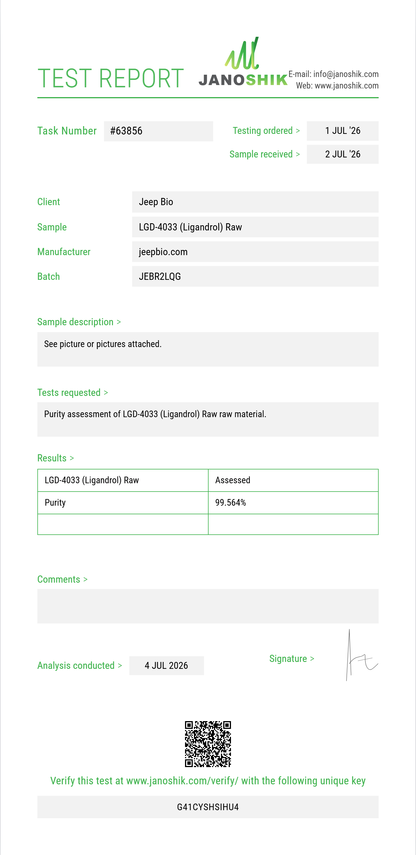 LGD-4033 (Ligandrol) Raw Purity (HPLC) report by Janoshik Analytical