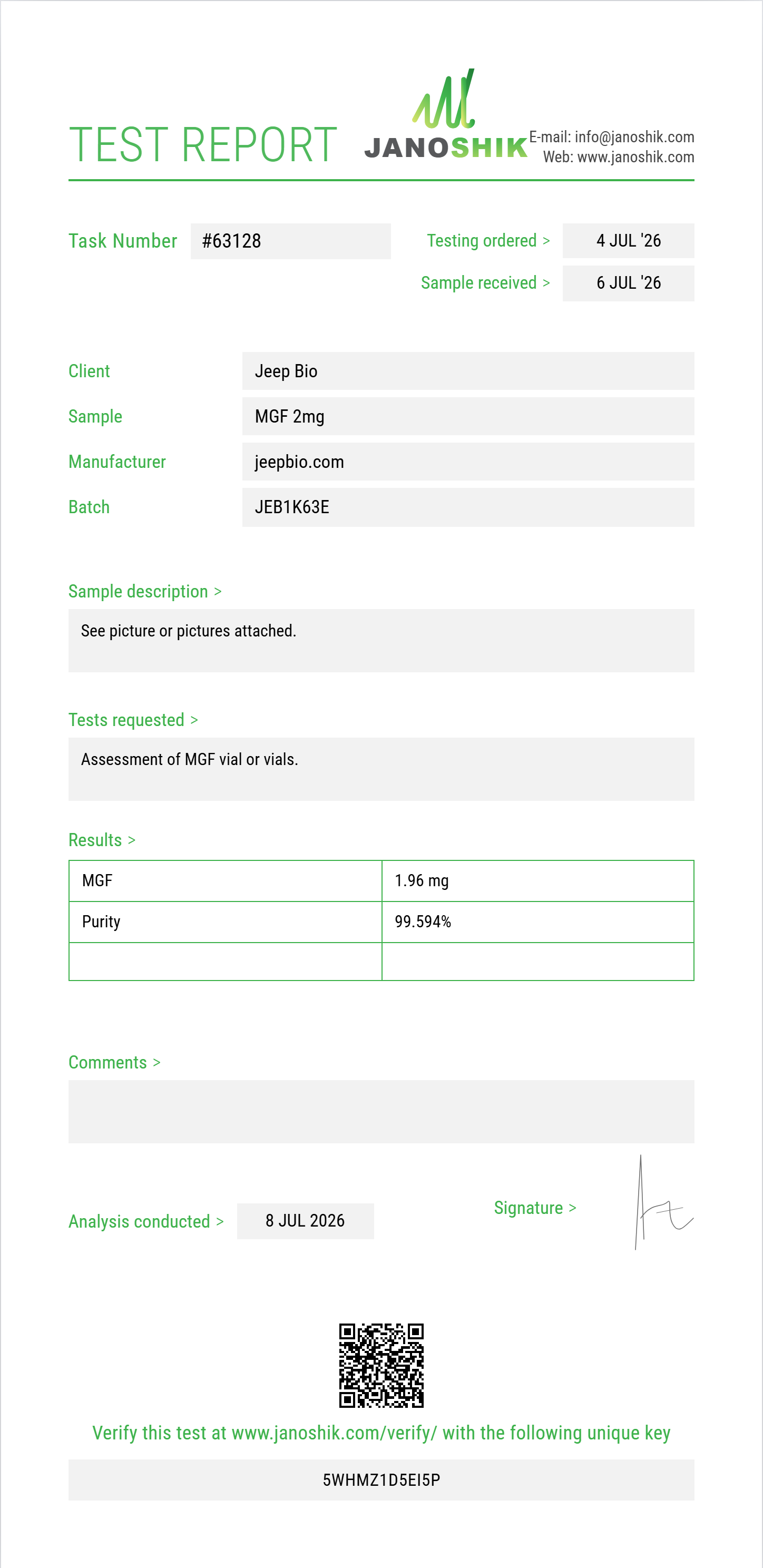 MGF Purity (HPLC) report by Janoshik Analytical