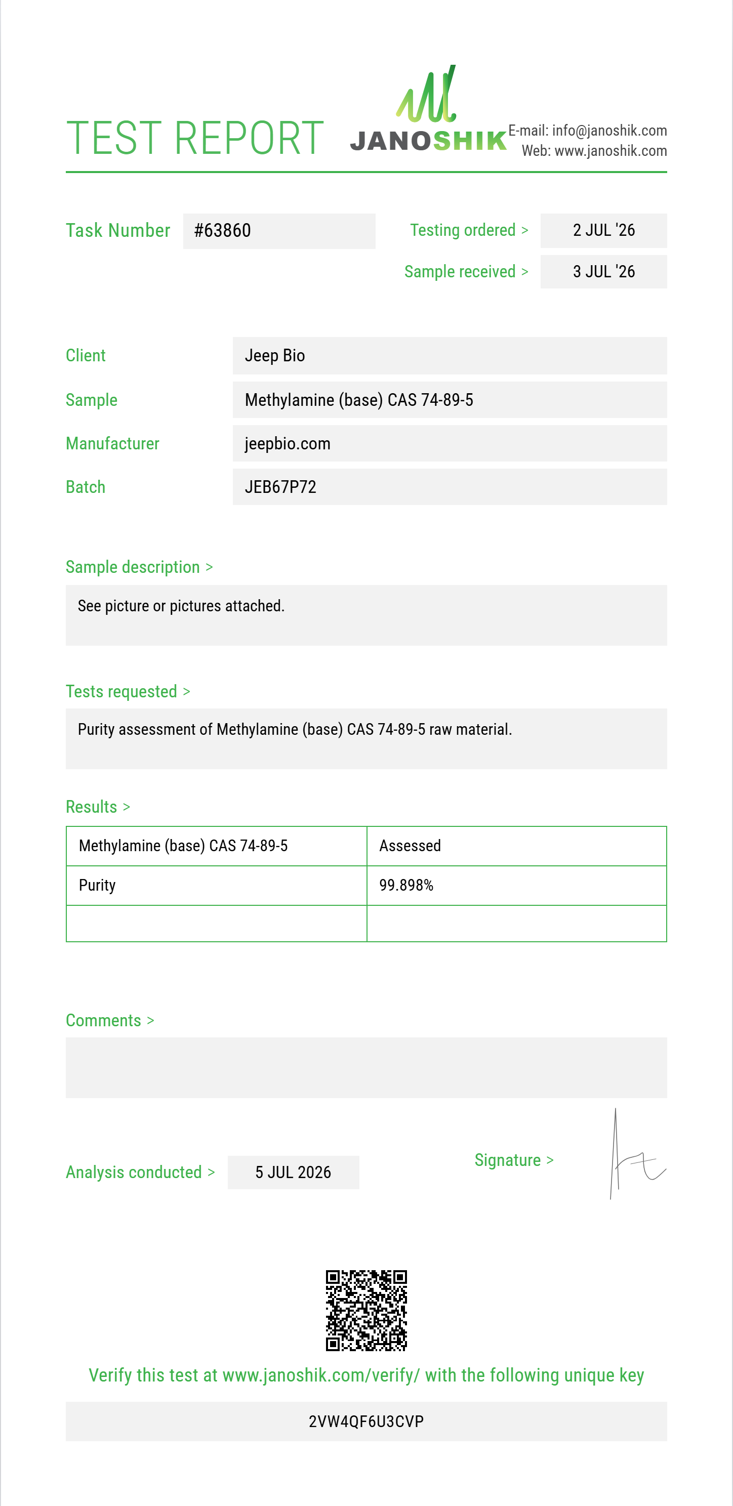 Methylamine (base) CAS 74-89-5 Purity (HPLC) report by Janoshik Analytical