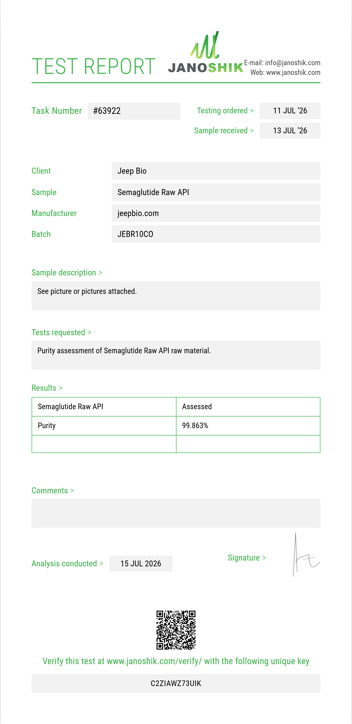 Semaglutide Raw Purity (HPLC) report by Janoshik Analytical