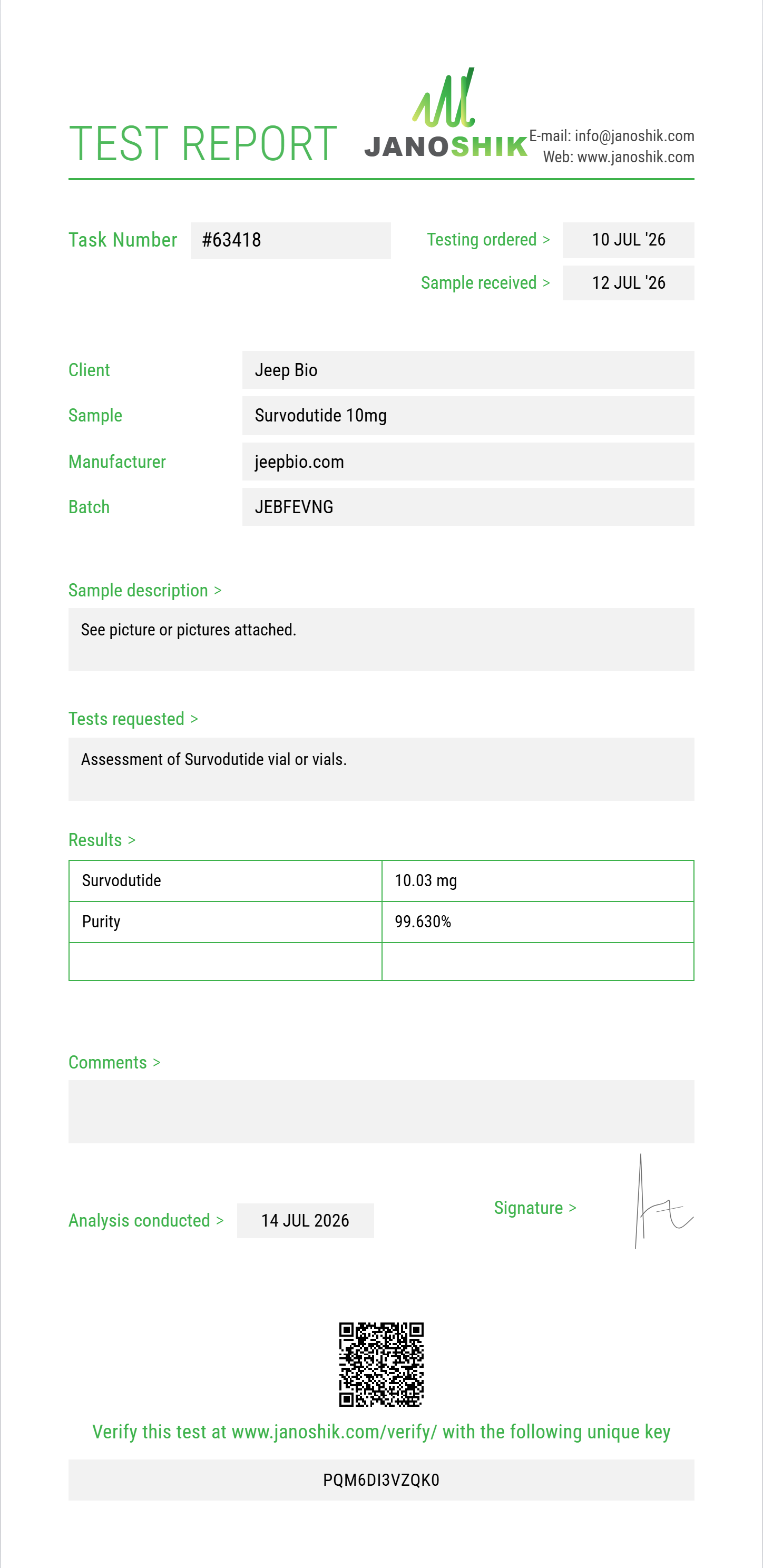 Survodutide Purity (HPLC) report by Janoshik Analytical