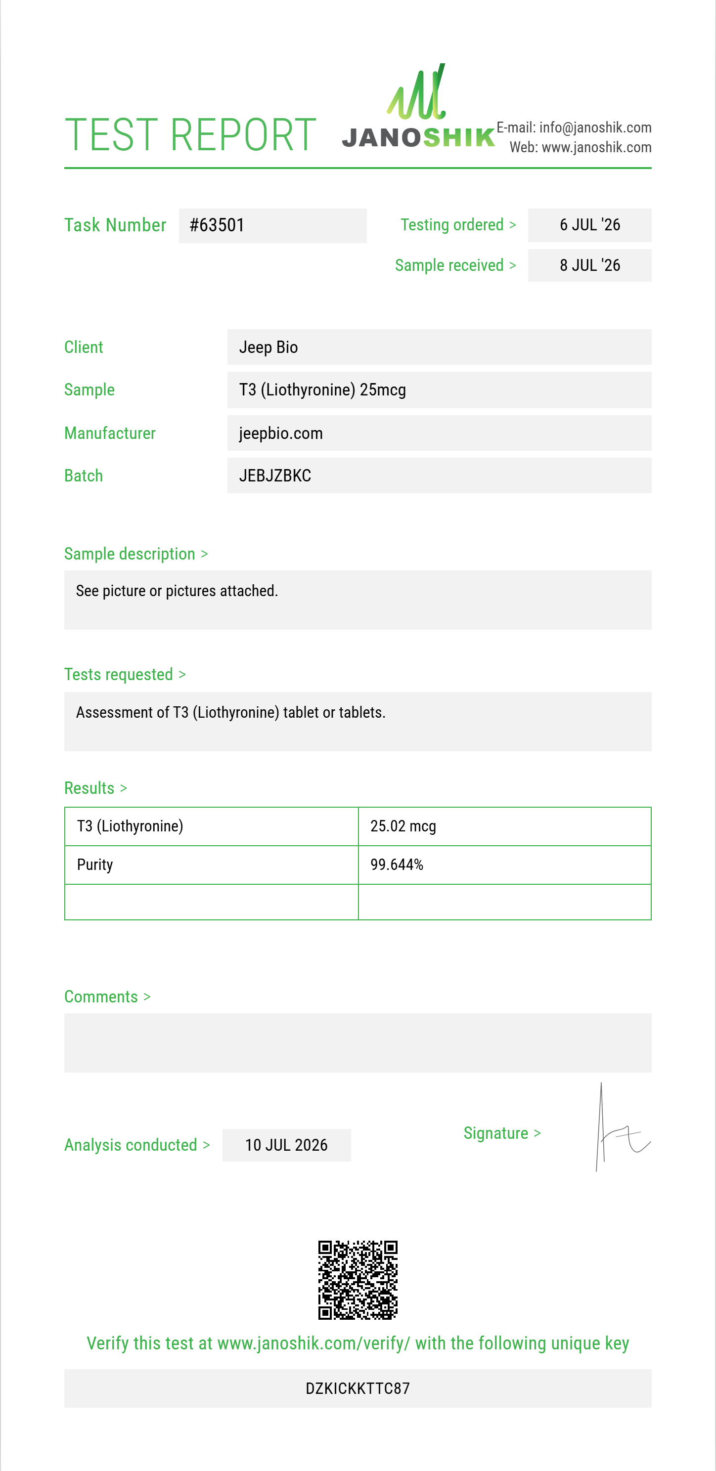 T3 (Liothyronine) Purity (HPLC) report by Janoshik Analytical