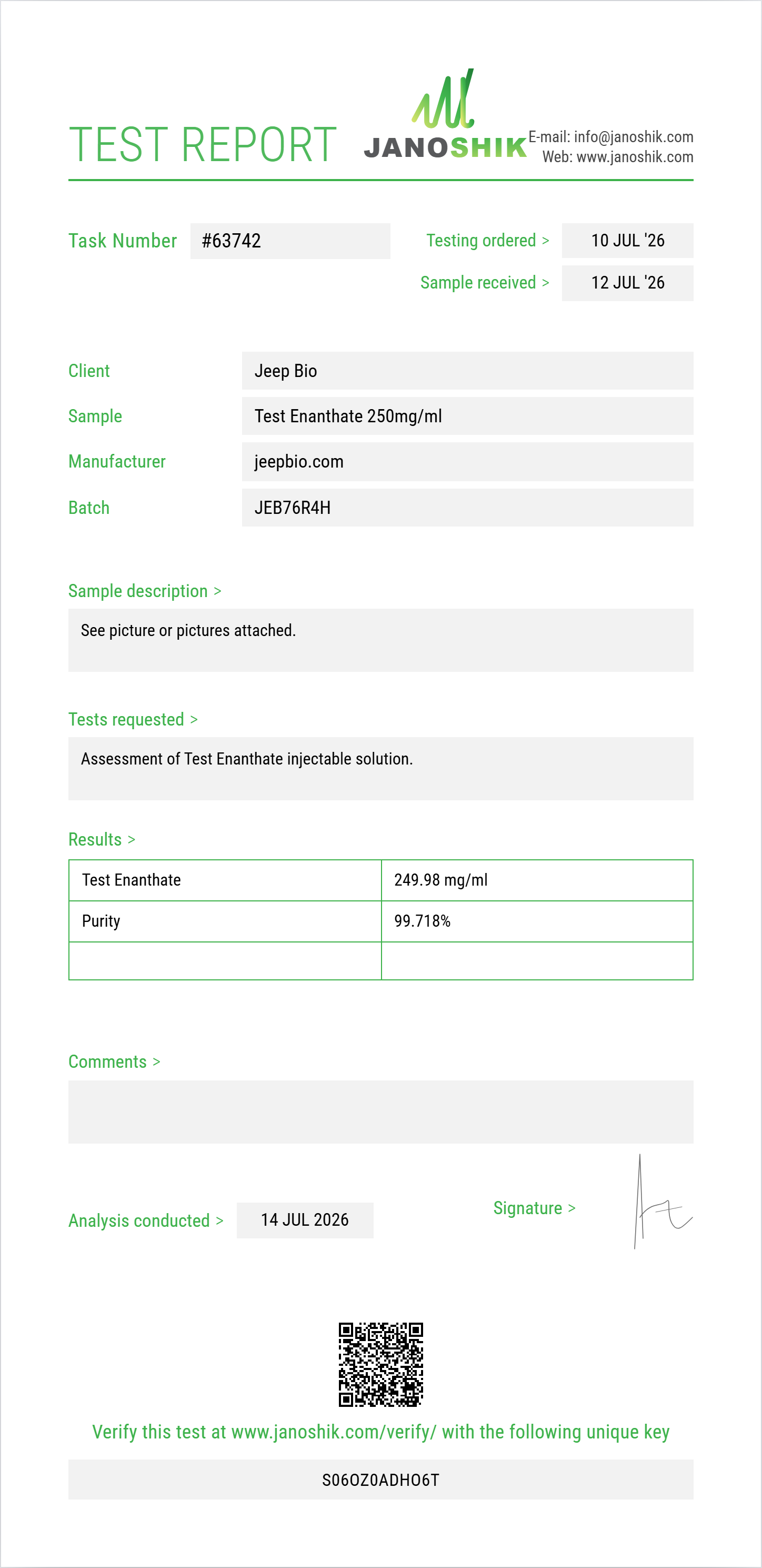 Test Enanthate Purity (HPLC) report by Janoshik Analytical