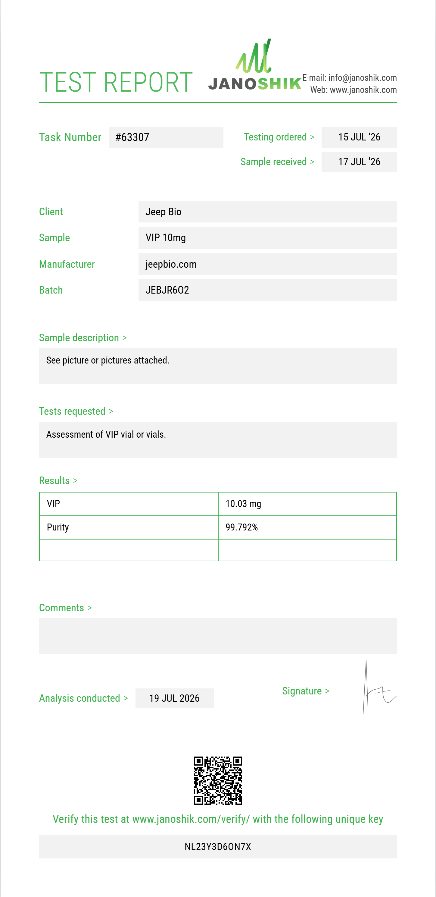 VIP Purity (HPLC) report by Janoshik Analytical