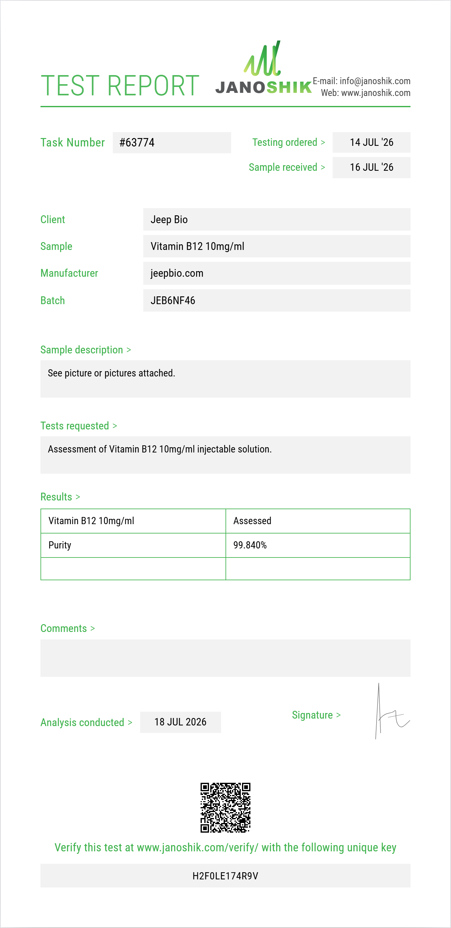 Vitamin B12 10mg/ml Purity (HPLC) report by Janoshik Analytical