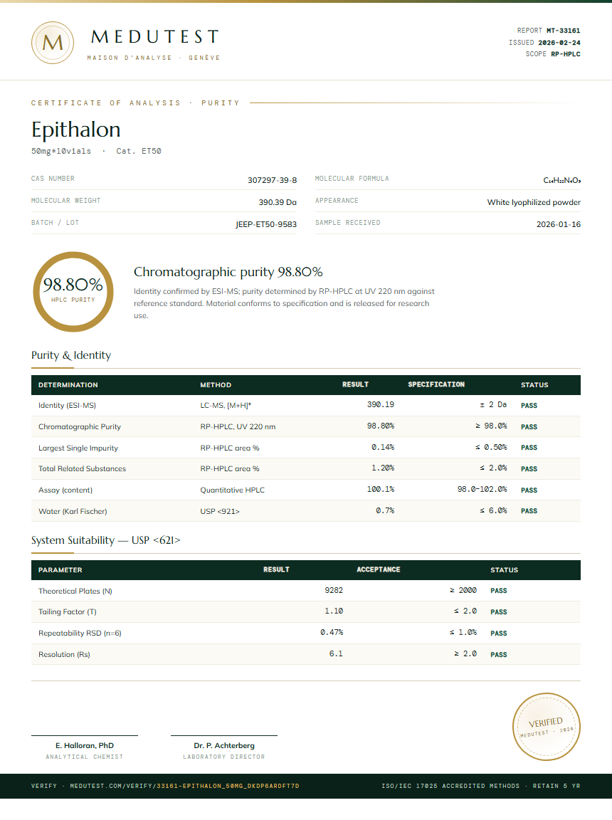 Epithalon Purity (HPLC) report by Medutest