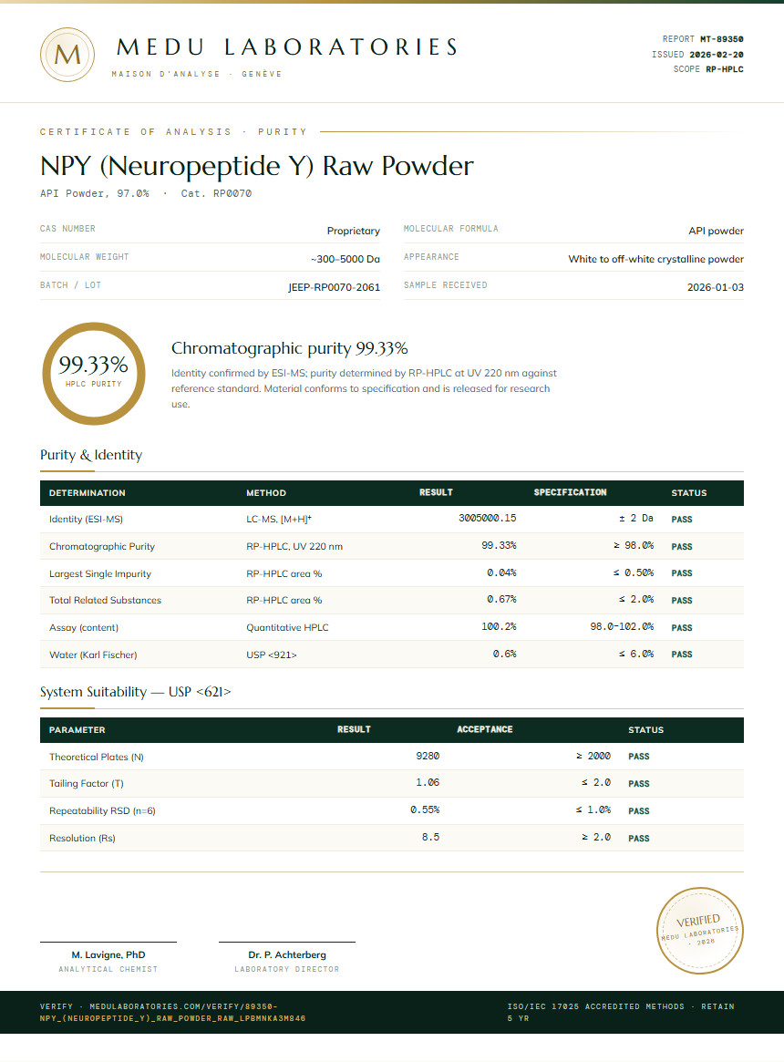 NPY (Neuropeptide Y) Raw Powder Purity (HPLC) report by Medu Laboratories