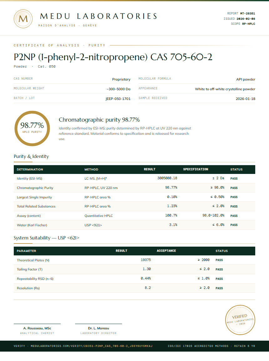 P2NP (1-phenyl-2-nitropropene) CAS 705-60-2 Purity (HPLC) report by Medu Laboratories