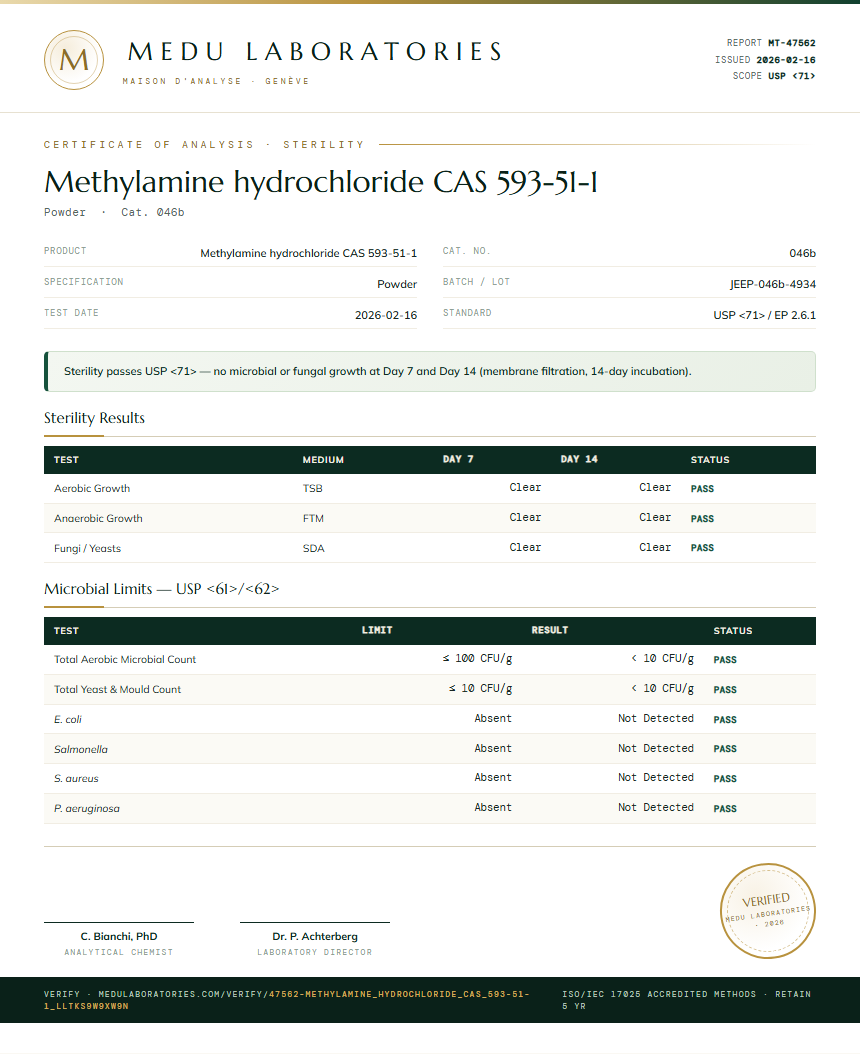 Methylamine hydrochloride CAS 593-51-1 Sterility report by Medu Laboratories