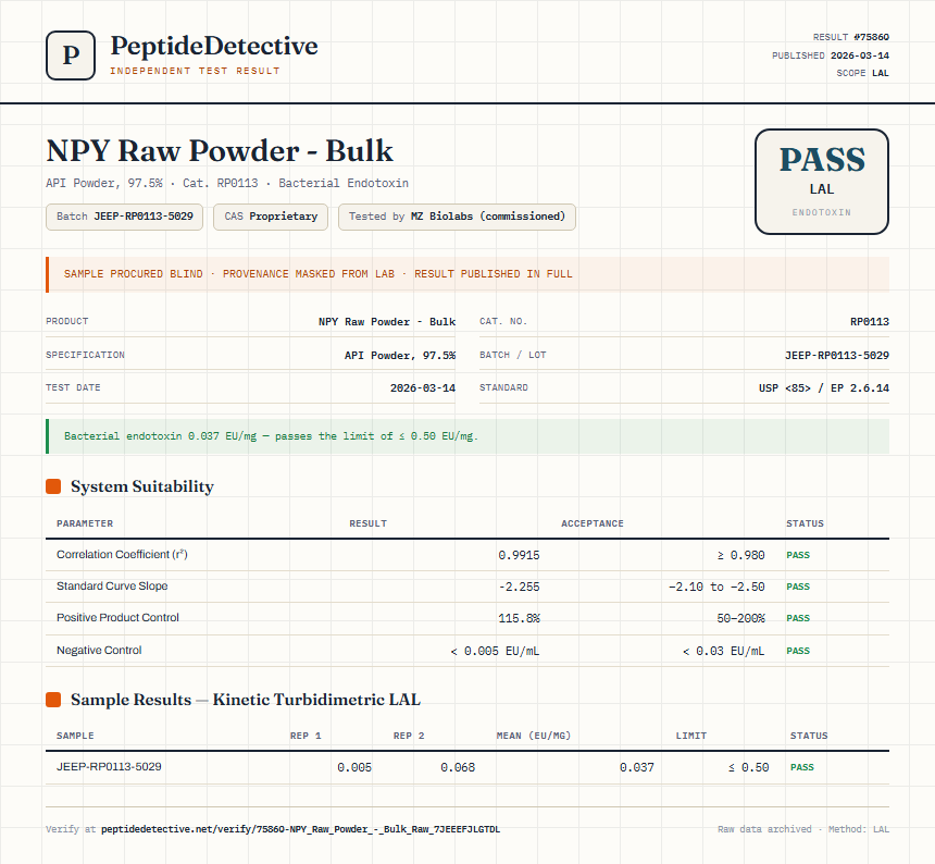 NPY Raw Powder - Bulk Endotoxin report by PeptideDetective