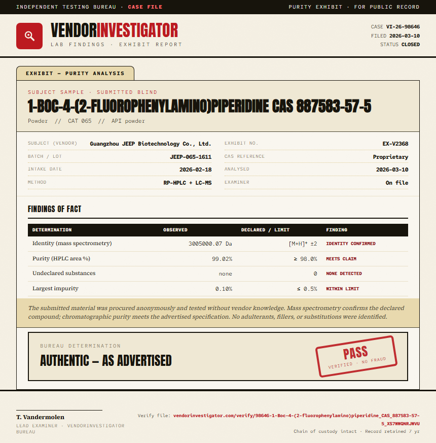 1-Boc-4-(2-fluorophenylamino)piperidine CAS 887583-57-5 Purity (HPLC) report by VendorInvestigator