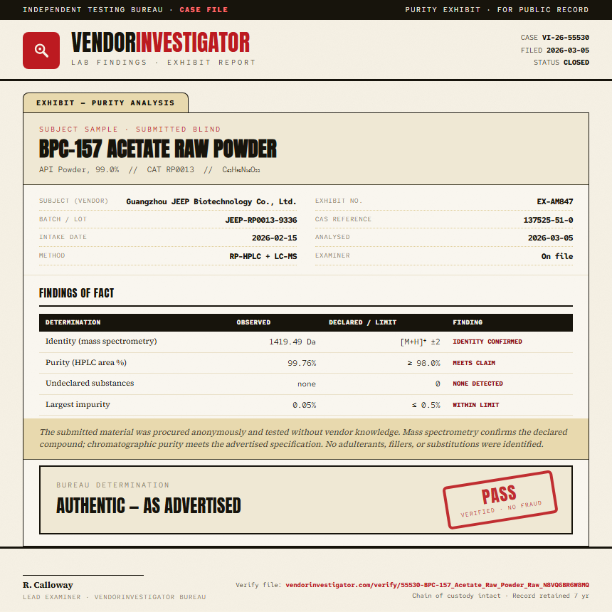 BPC-157 Acetate Raw Powder Purity (HPLC) report by VendorInvestigator