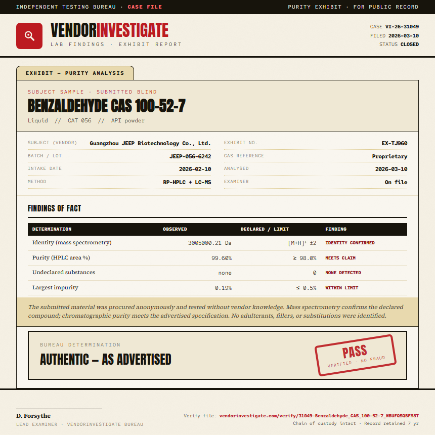 Benzaldehyde CAS 100-52-7 Purity (HPLC) report by VendorInvestigate