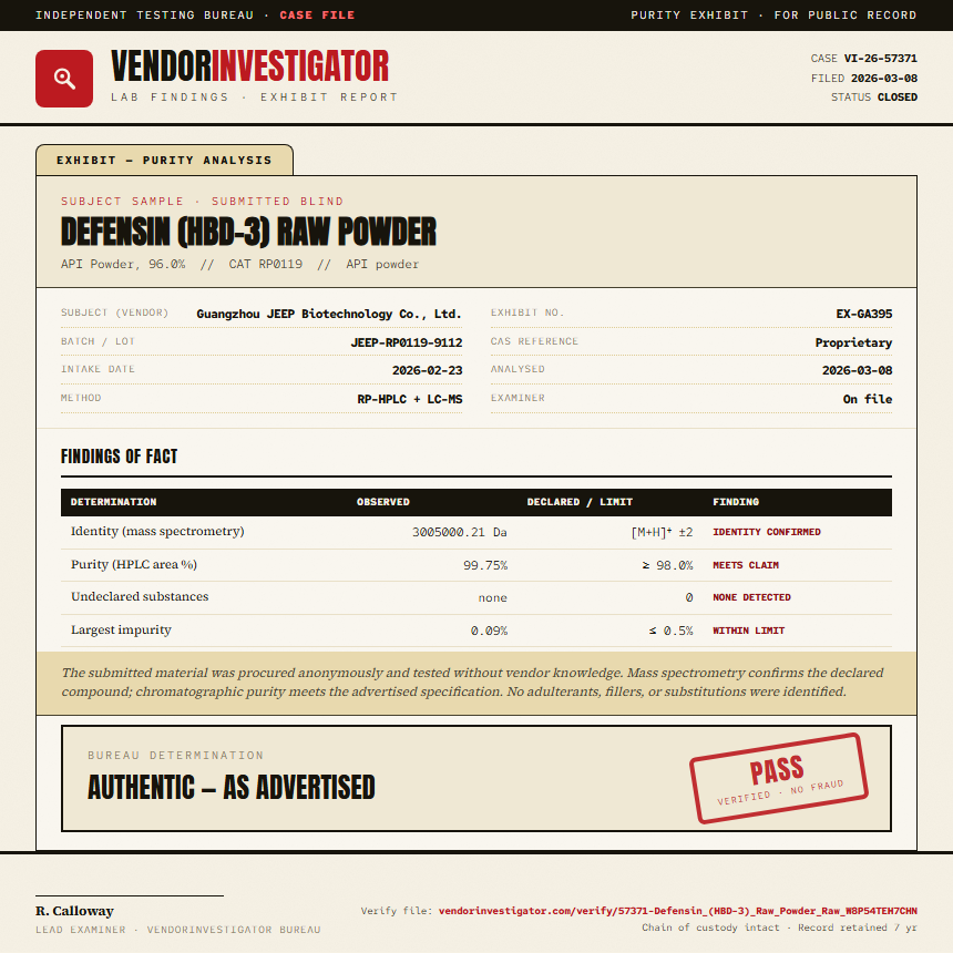 Defensin (HBD-3) Raw Powder Purity (HPLC) report by VendorInvestigator