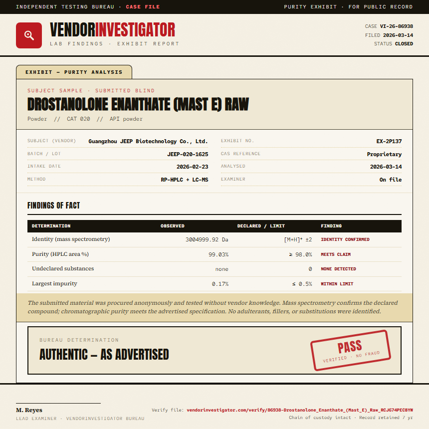 Drostanolone Enanthate (Mast E) Raw Purity (HPLC) report by VendorInvestigator