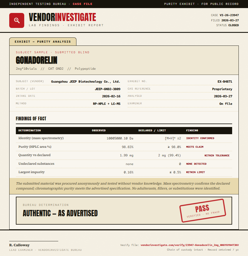Gonadorelin Purity (HPLC) report by VendorInvestigate
