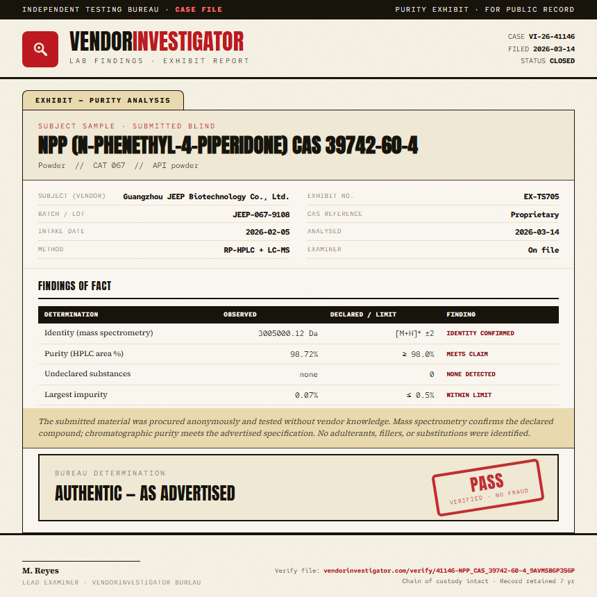 NPP (N-phenethyl-4-piperidone) CAS 39742-60-4 Purity (HPLC) report by VendorInvestigator