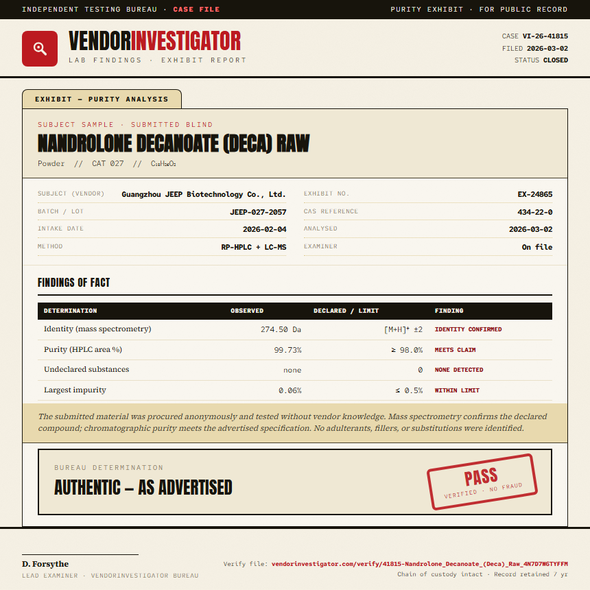 Nandrolone Decanoate (Deca) Raw Purity (HPLC) report by VendorInvestigator