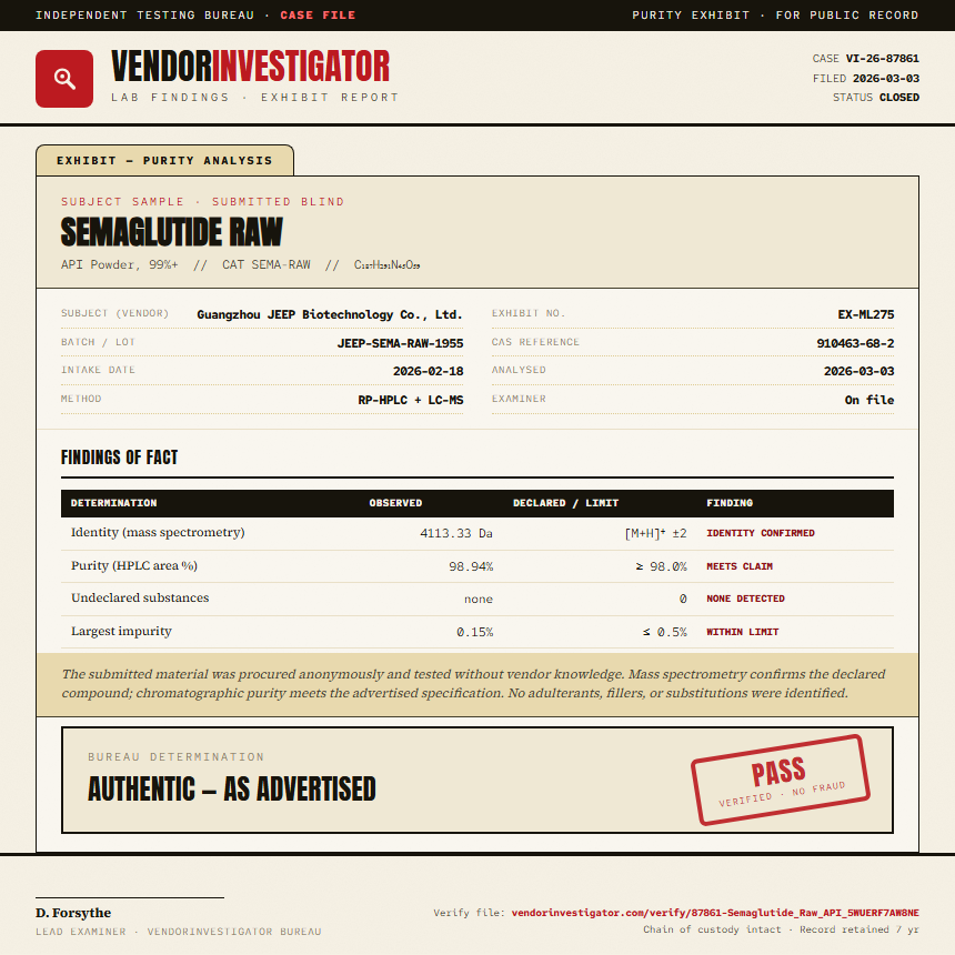 Semaglutide Raw Purity (HPLC) report by VendorInvestigator