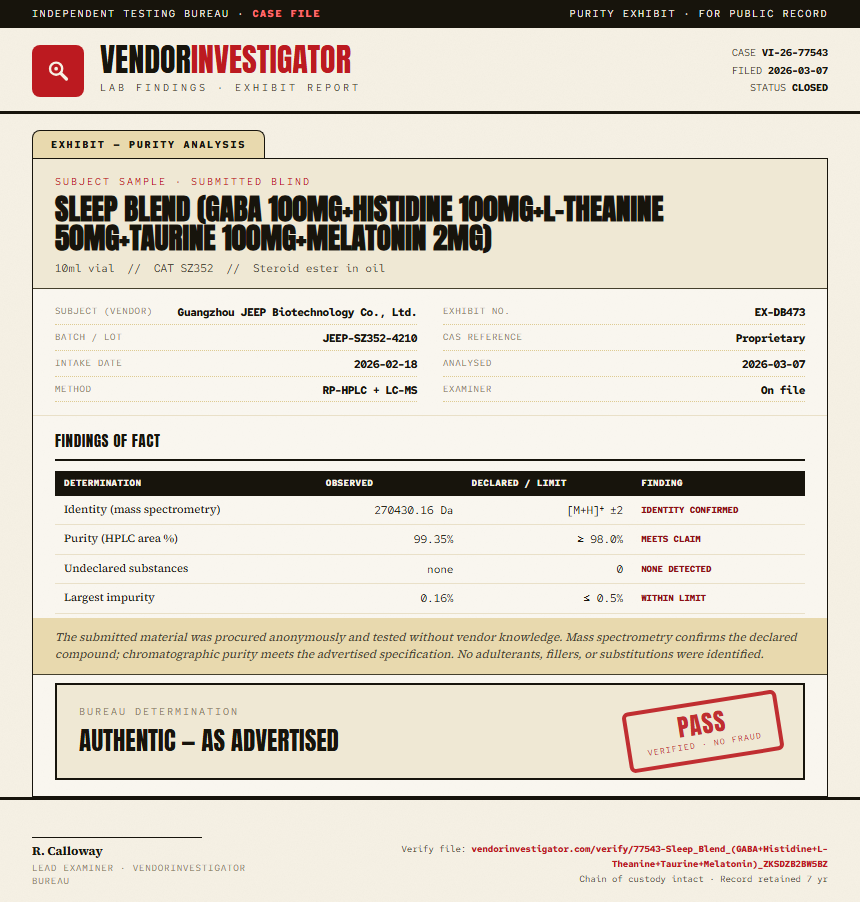 Sleep Blend (GABA 100mg+Histidine 100mg+L-Theanine 50mg+Taurine 100mg+Melatonin 2mg) Purity (HPLC) report by VendorInvestigator