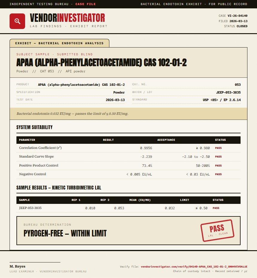 APAA (alpha-phenylacetoacetamide) CAS 102-01-2 Endotoxin report by VendorInvestigator