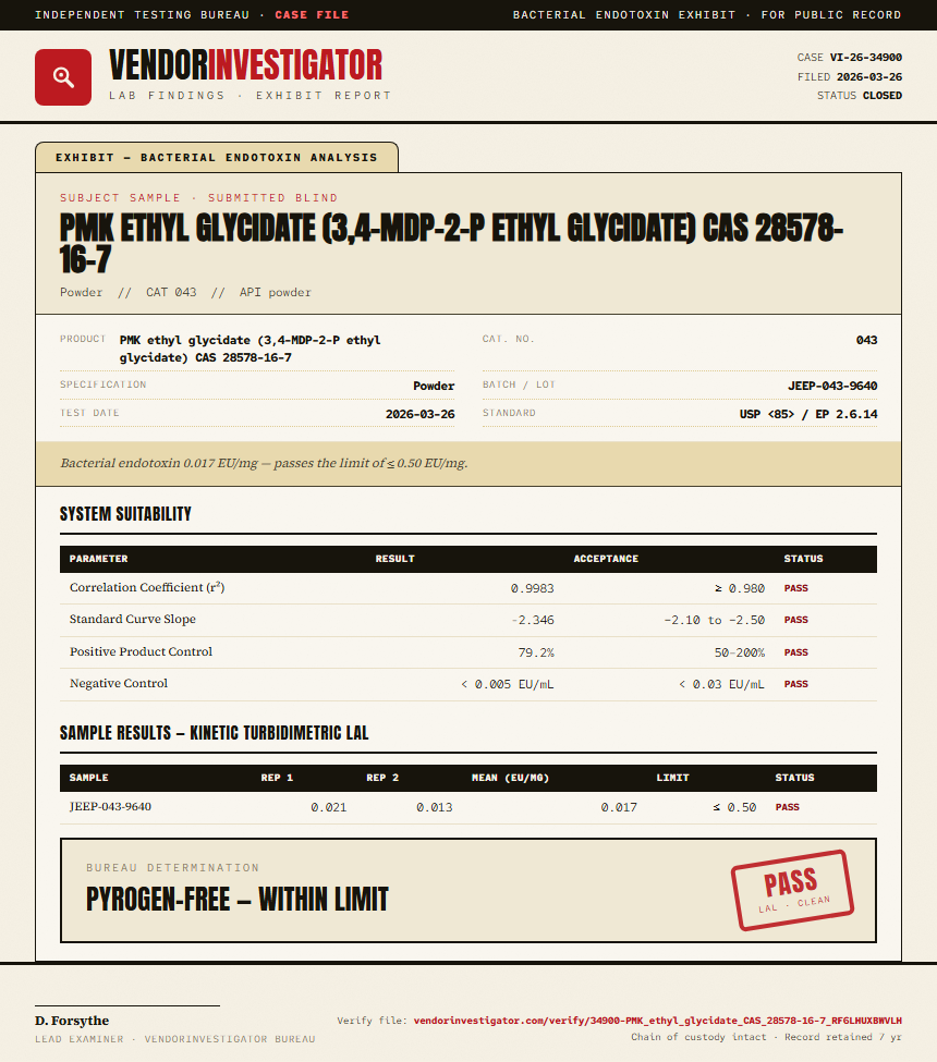 PMK ethyl glycidate (3,4-MDP-2-P ethyl glycidate) CAS 28578-16-7 Endotoxin report by VendorInvestigator