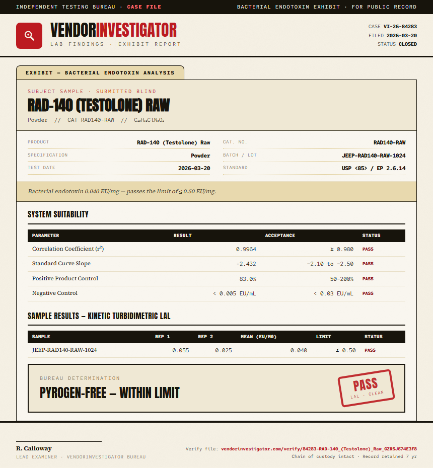 RAD-140 (Testolone) Raw Endotoxin report by VendorInvestigator