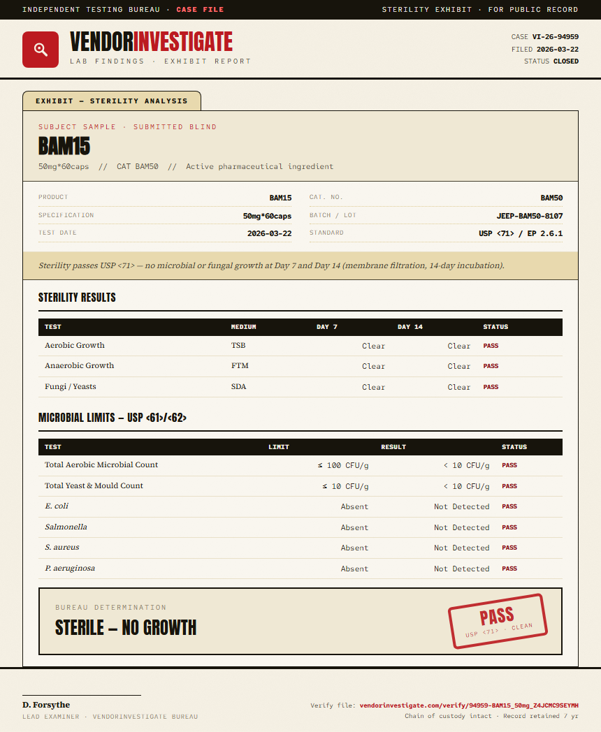 BAM15 Sterility report by VendorInvestigate